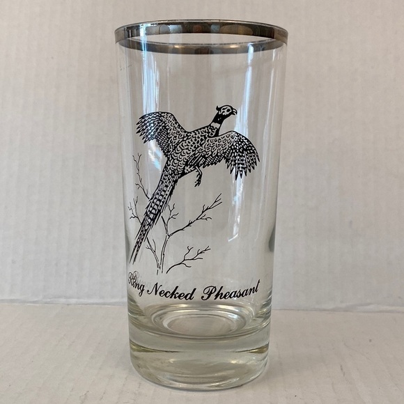 Pheasant highball glass tall silver rim vintage ring-necked  barware drinks - Picture 1 of 6